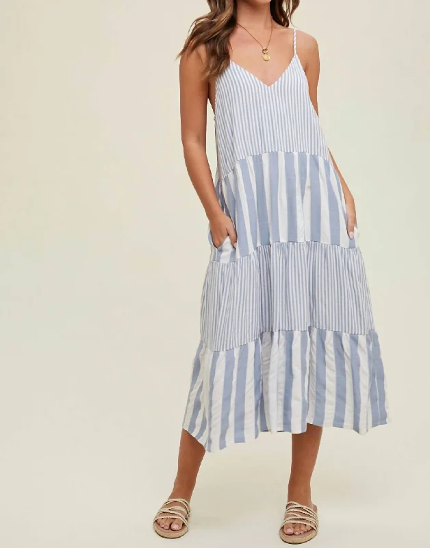 tall women's midi dressesTiered Multi-Striped Midi Dress In Blue