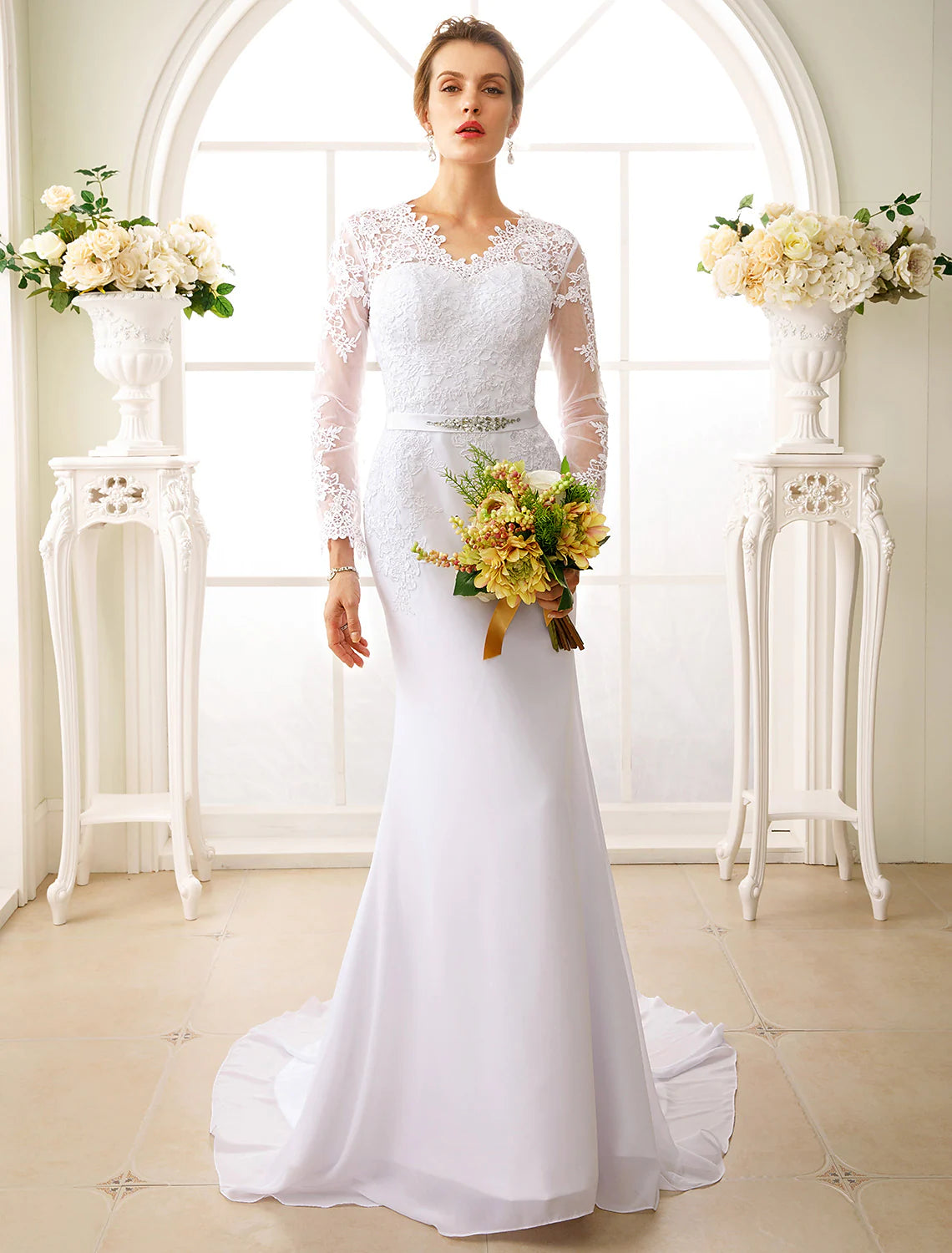 fitted wedding dressesEngagement Open Back Formal Wedding Dresses Long Sleeve V Neck Chiffon Sash Appliques