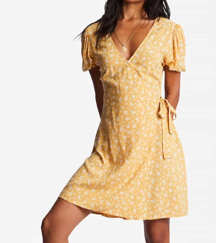 wide-leg Mimi dresses for a flattering fitHot Tropics Mini Wrap Dress In Goldie