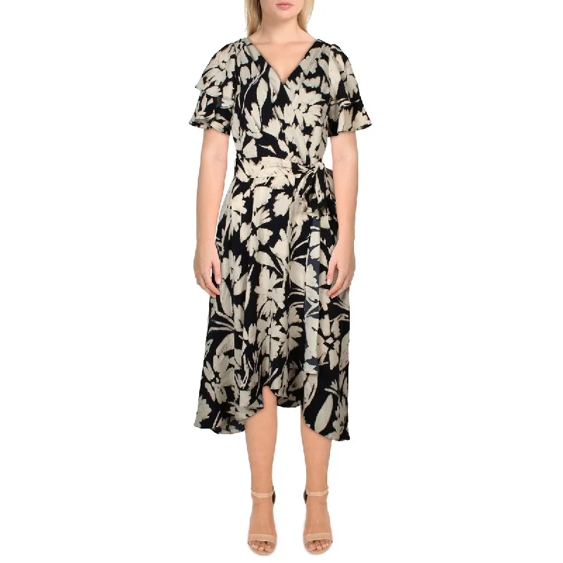 casual chic midi dressesWomens Floral Print Midi Wrap Dress