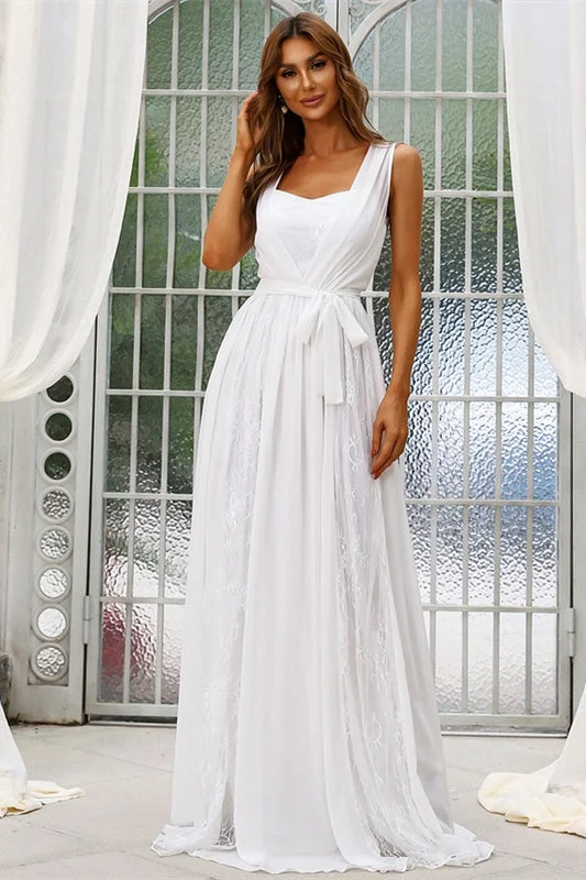 sample sale wedding dressesSimple White Chiffon Sleeveless Long Wedding Dress