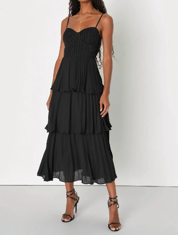 long-sleeved midi dressesCascading Crush Tiered Bustier Midi Dress In Black