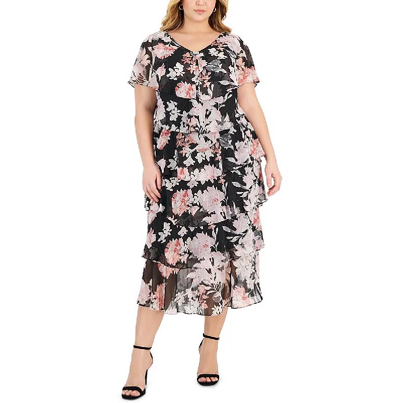 midi dresses with spaghetti strapsPlus Womens Floral Print Ruffle Midi Dress