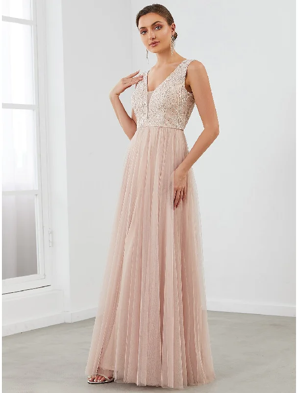 wedding dress with pocketsA-Line Evening Gown Elegant Dress Wedding Guest Floor Length Sleeveless V Neck Tulle V Back with Sequin Draping