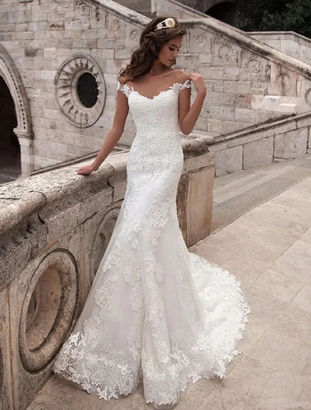 minimalist wedding dressesEngagement Open Back Formal Wedding Dresses Short Sleeve Off Shoulder Lace Applique