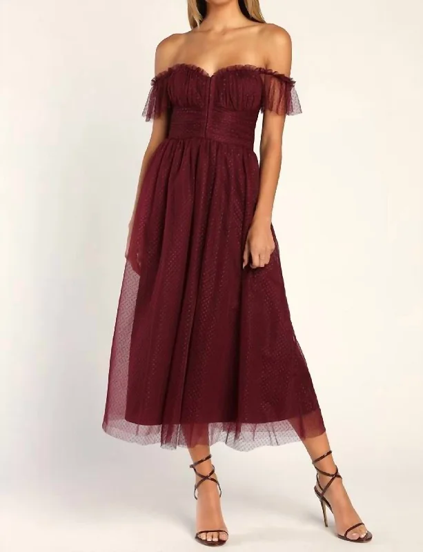 plus-size casual midi dressesRegal Radiance Tulle Bustier Midi Dress In Burgundy