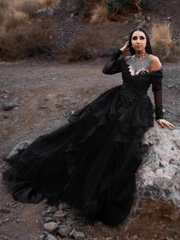 rustic glam wedding dressesDingJiDress Off Shoulder V-neck Long Sleeves Applique Tiered Skirt Black Gothic Wedding Dress