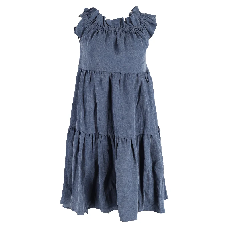 trendy polka dot Mimi dresses for current fashionUlla Johnson Olivia Mini Off the Shoulder Tiered Dress in Blue Tencel