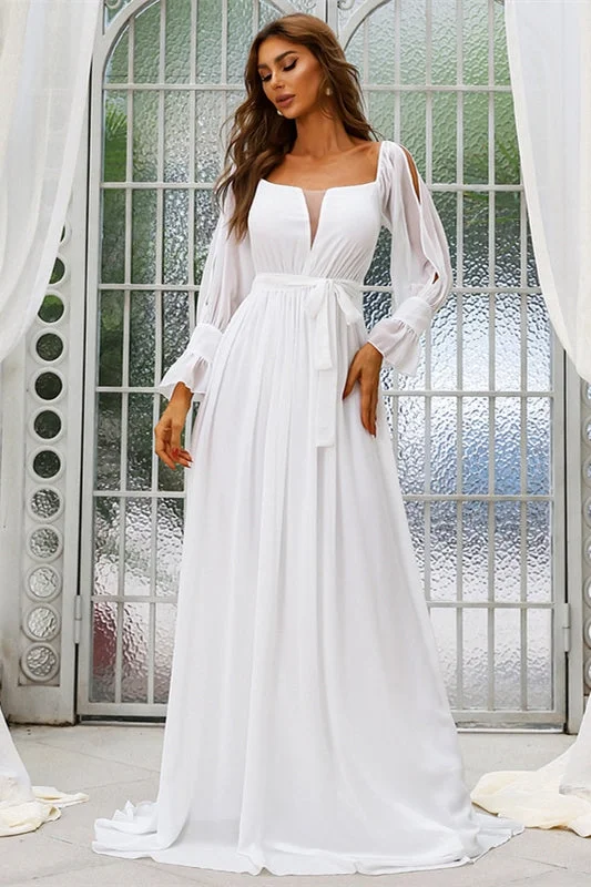 eco-friendly wedding dressesSimple White Chiffon Long Sleeves Boho Wedding Dress