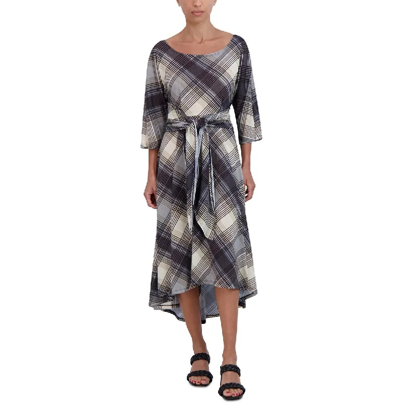 stretchy midi dressesWomens Plaid Waist Tie Midi Dress