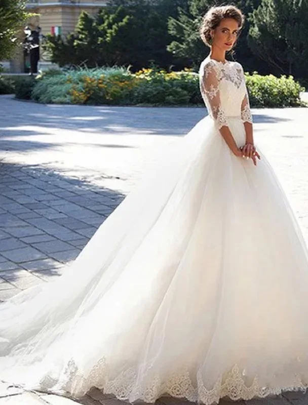 wedding dress with trainEngagement Formal Wedding Dresses Ball Gown Half Sleeve Lace With Appliques