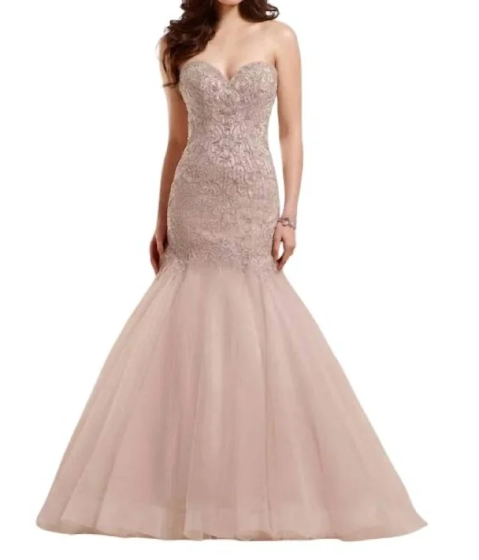 wedding dress codeFit And Flare Wedding Dress With Tulle Skirt In Ivory Over Moscato