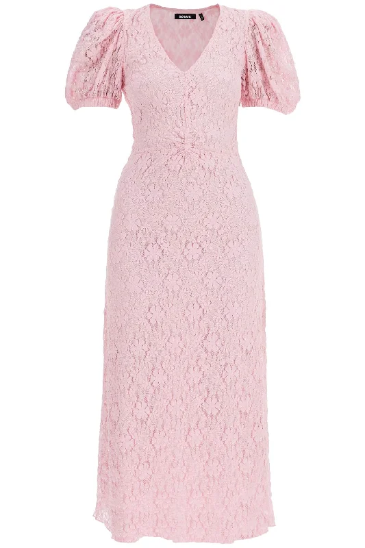 wrap-around midi dressesRotate Women's pink Lace Midi Dress With Puff Sleeves