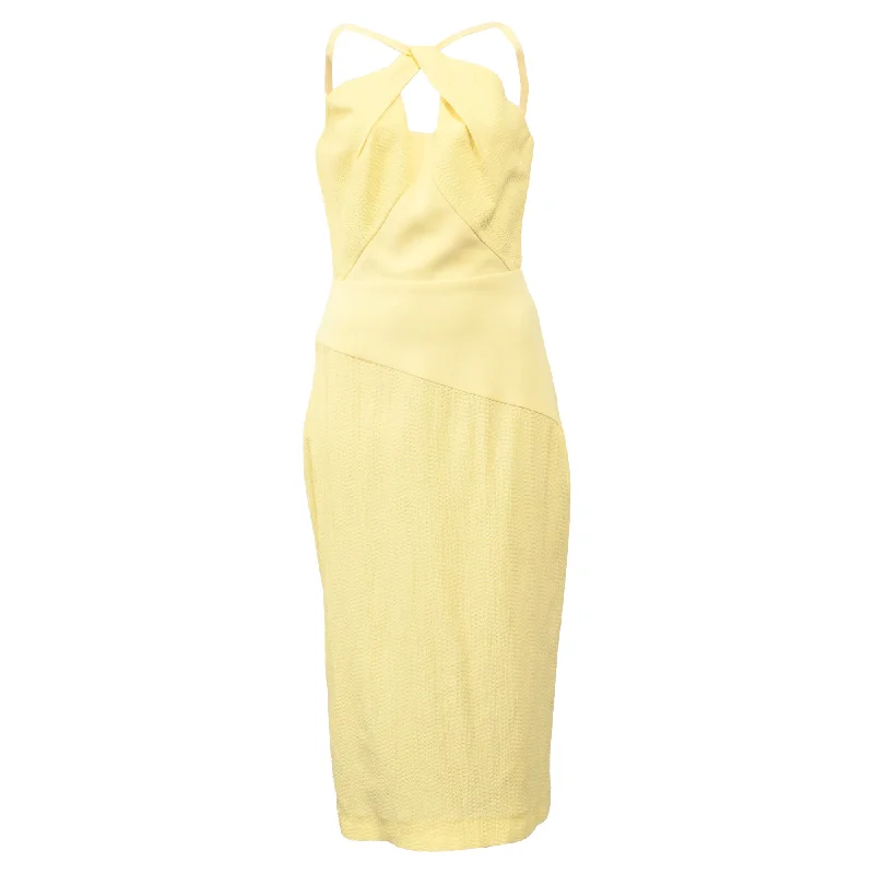 midi dresses with zippersRoland Mouret Midi Twisted Neck Strap Bodycon Dress in Yellow Viscose