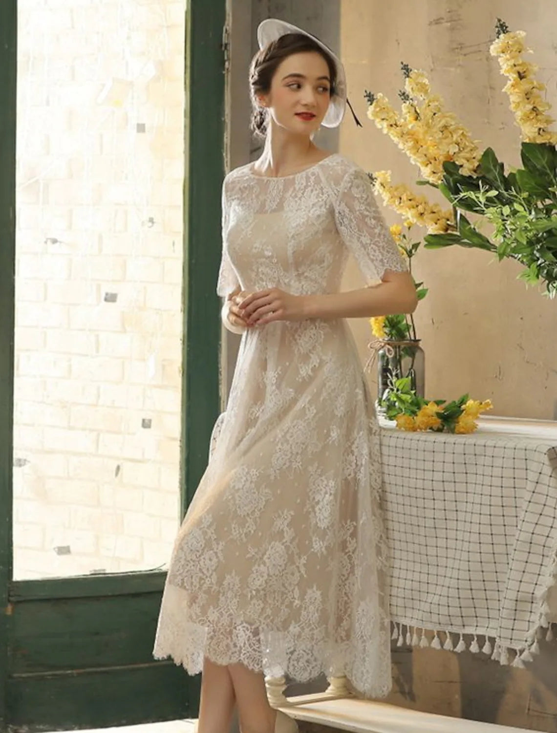 church wedding dressesBridal Little White Dresses Wedding Dresses A-Line Half Sleeve Lace With Sash Ribbon Appliques