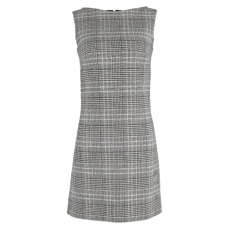 black and white Mimi dresses for timeless chicPrada Plaid Mini Sleeveless Shift Dress in Grey Wool