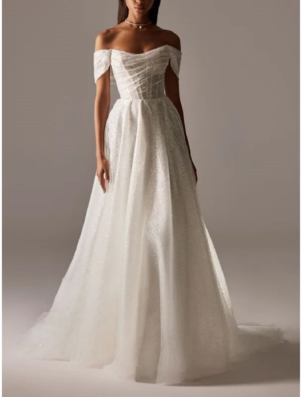 sample sale wedding dressesFormal Wedding Dresses A-Line Off Shoulder Short Sleeve Court Train Tulle Bridal Gowns With Pleats Ruched