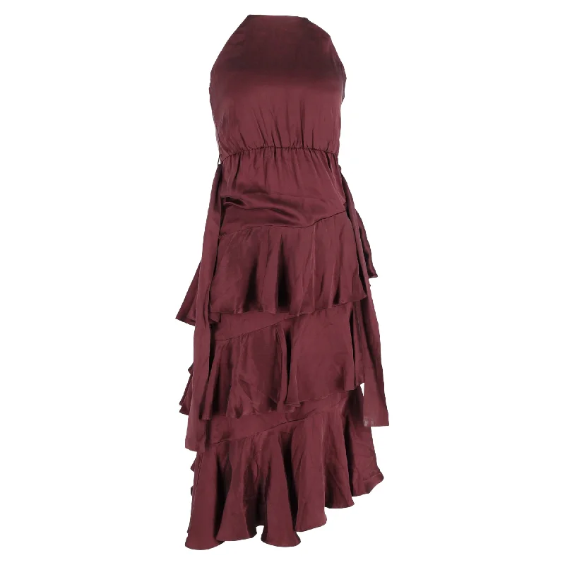 plus-size casual midi dressesZimmermann Ruffled Midi Halter Neck Dress in Burgundy Silk