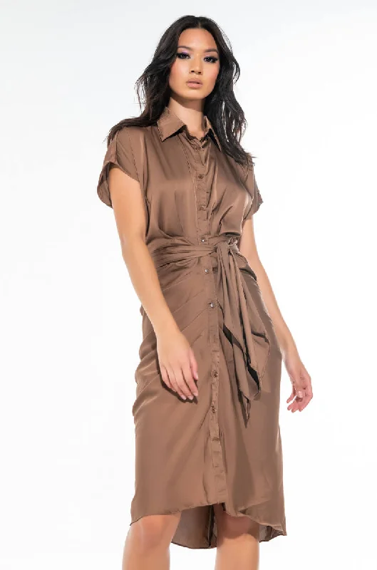 rustic elegance wedding dressesWEDDING GUEST READY SATIN TIE FRONT DRESS BROWN