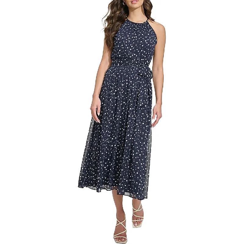 stretch midi dressesWomens Polka Dot Halter Neck Midi Dress