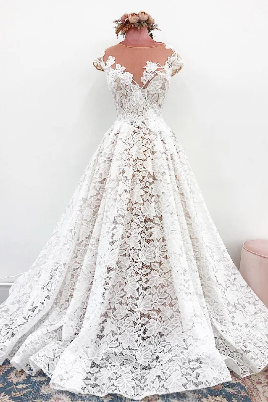 wedding dress without trainIllusion Neck All Over Lace Wedding Dress with Court Train