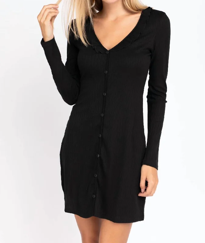 summer lace Mimi dresses for warm weatherRibbed Long Sleeve Mini Dress In Black