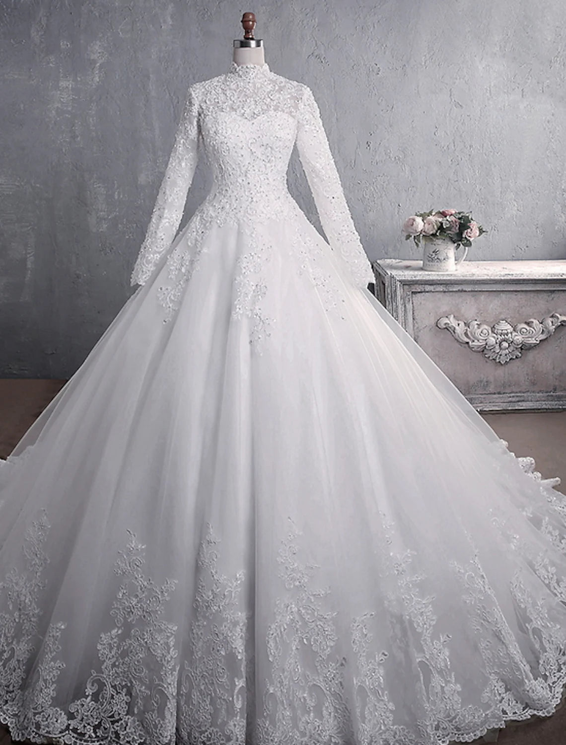 high-low wedding dressesEngagement Formal Wedding Dresses Princess Long Sleeve High Neck Lace Appliques