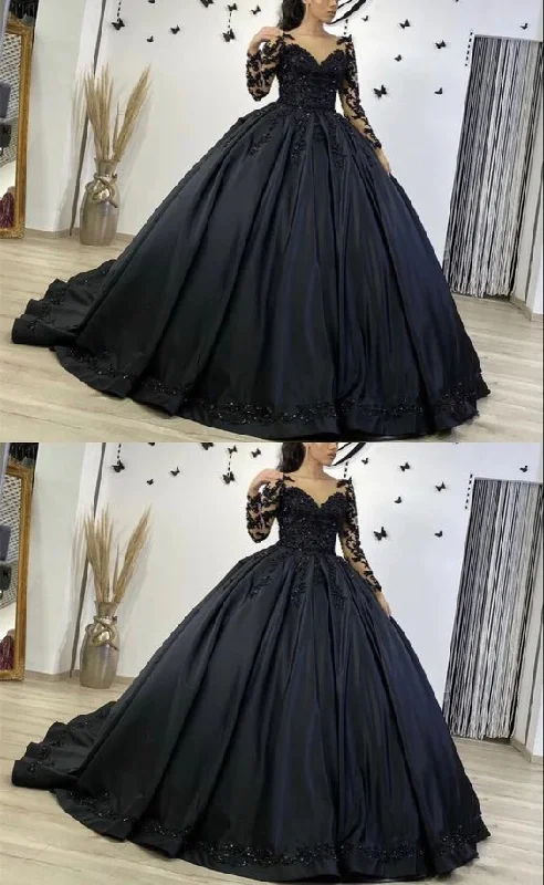 minimalist wedding dressesBlack Long Sleeve Ball Gown Wedding Dresses Y5754