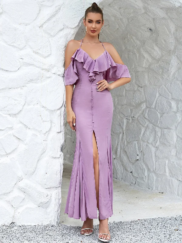 maxi dresses with adjustable strapsHalter Sleeveless Frill Maxi Bodycon Dress HB02990