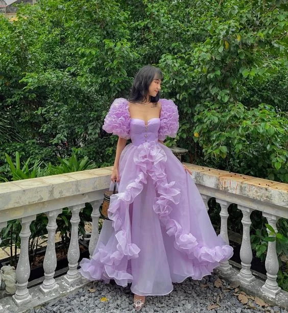 maxi dresses with lace overlaysLavender Organza Princess Prom Dress Short Puff Sleeve Ruffles A Line Maxi Dress Formal Graduation Gowns Y6398