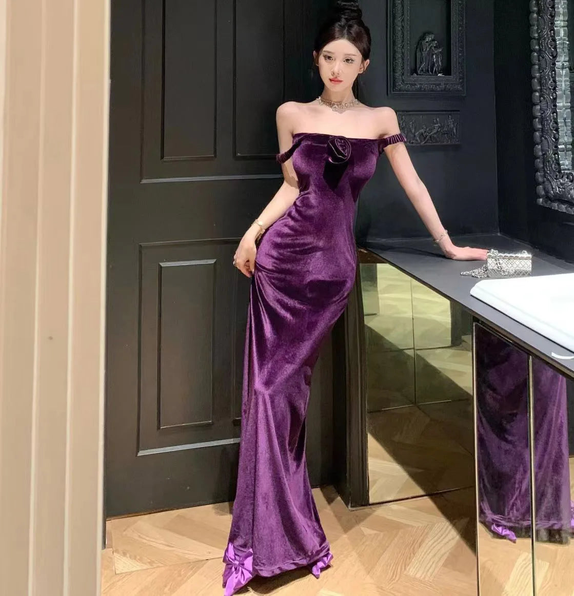 maxi dresses for casual FridaysVelvet Sleeveless Long One-piece Dress Gown Purple Women Elegant Party Maxi Dress