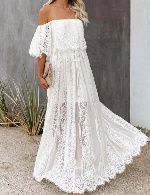 maxi dresses for formal eventsOff Shoulder Short Sleeve Floral Lace Bridesmaid Maxi Dress SN611491