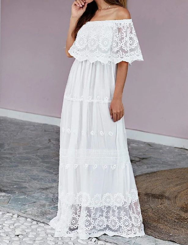 maxi dresses for officeOff Shoulder Short Sleeve Floral Lace Bridesmaid Maxi Dress TJ611313