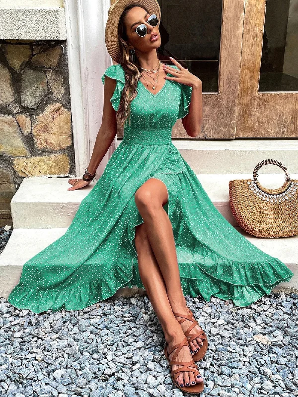 maxi dresses with mermaid silhouettesV Neck Sleeveless Polka Dots Maxi Bodycon Dress HB100531