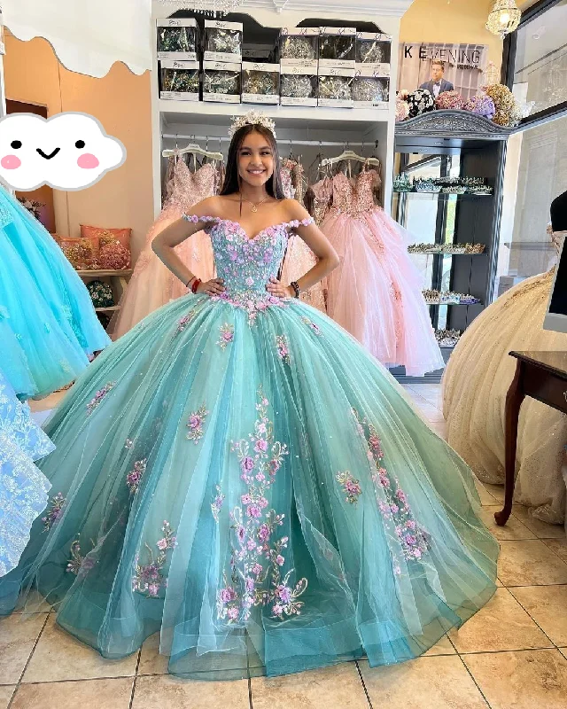 maxi dresses with lace-up detailsLake Blue Princess Ball Gown 3D Flowers Quinceanera Dresses Off Shoulder Appliques Beaded Maxi Sweet 16 Dress Y2632