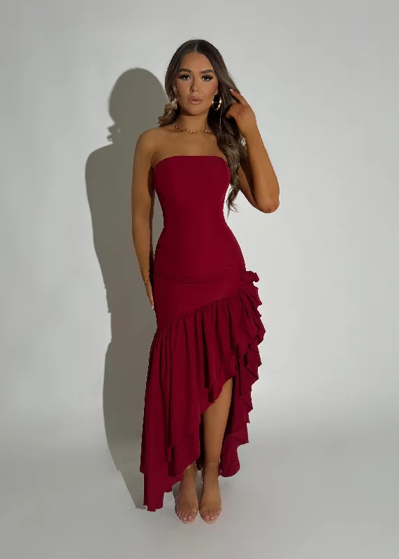 maxi dresses with keyhole backsTo Adore Ruffle Hem Maxi Dress - Wine