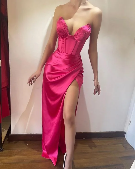 chiffon wedding dressesFuchsia Formal Evening Dresses for Women High Slit Long Wedding Guest Dress Y3091