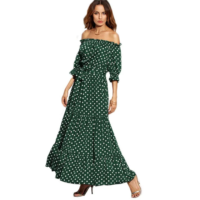 maxi dresses for curvesPolka Dot Bardot Neckline Tie Waist Dress Off the Shoulder Three Quarter Length Sleeve A Line Belted Maxi Dress