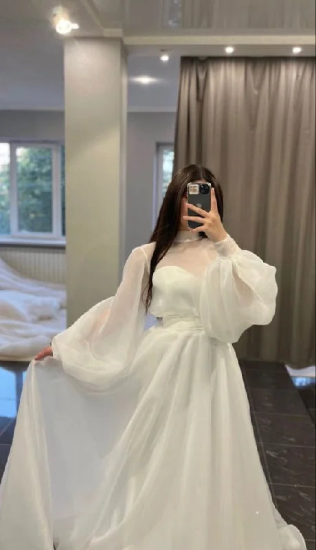 mother-of-the-bride wedding dressesSimple White Puff Sleeves Wedding Dress,White Bridal Gown Y6738