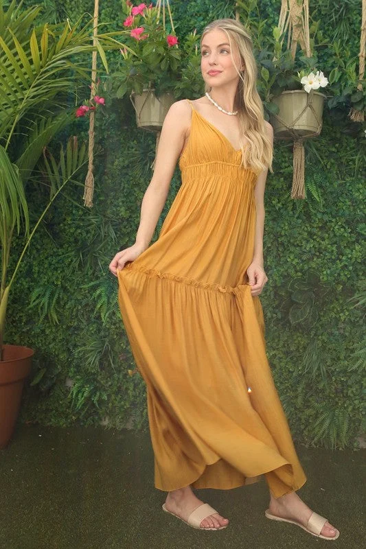 maxi dresses for weddingsLong Yellow Tiered Casual Maxi Dress FGDR22L015