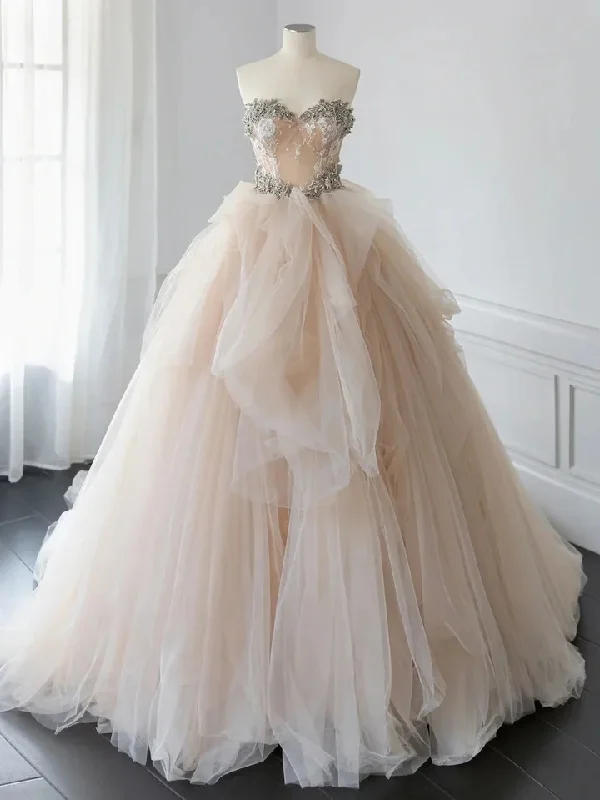 luxury wedding dressesBeautiful Champagne Tulle Beaded Ball Gown Sweet Wedding Dress Y7744