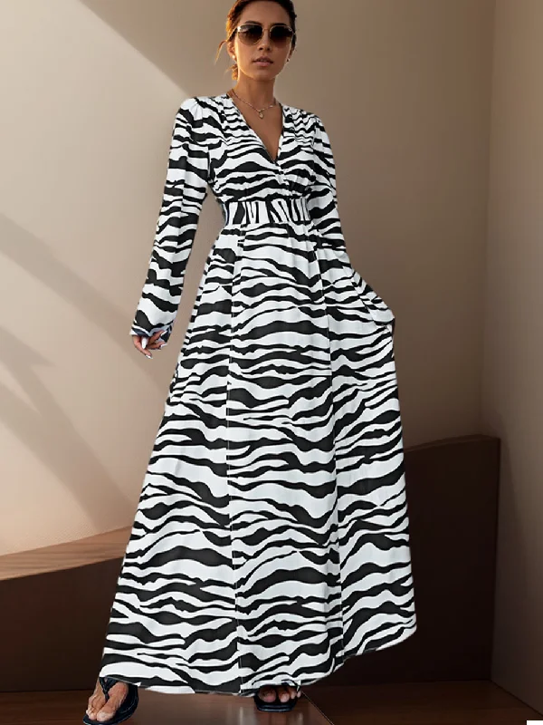 maxi dresses for teensV Neck Long Sleeve Zebra-Stripe Maxi Bodycon Dress HB100084