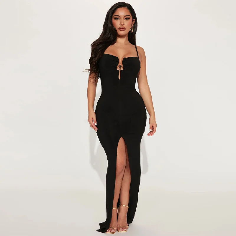 maxi dresses for layeringStrappy Sleeveless Slit Maxi Bodycon Dress PD23304