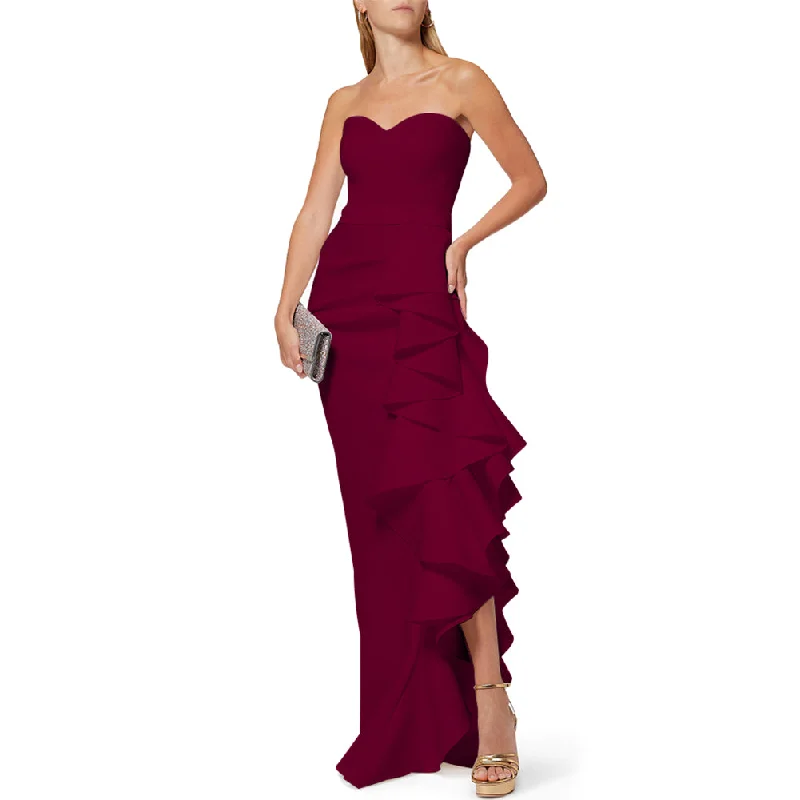 silk maxi dressesRed Strapless Sleeveless Frill Maxi Bodycon Dress LY19280