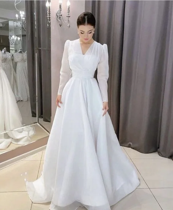 wedding dress with sleevesModest White A-line Long Sleeves Wedding Dress,White Bridal Dress  Y6719