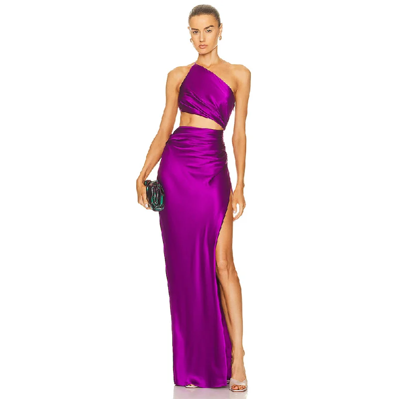 maxi dresses with empire waistsOne Shoulder Sleeveless Wrinkled Maxi Bodycon Set KLYF612