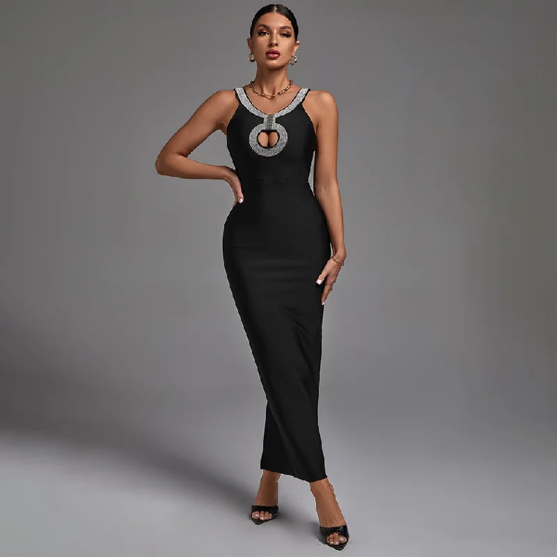 maxi dresses for summerBlack Crystal Embroidered Cutout Maxi Bandage Dress PP22024