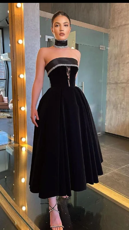 wedding dress try-onBlack Strapless Evening Dresses for Wedding Guests Lace Beaded Sleeveless Evening Dress Y4854