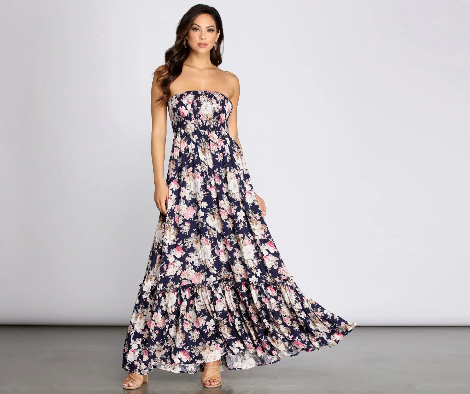 maxi dresses with halter necksGetaway Girl Floral Smocked Tube Maxi Dress