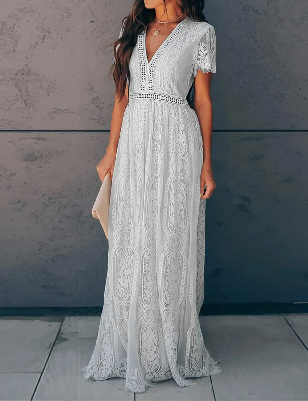 maxi dresses with cinched waistsDeep V Neck Short Sleeve Floral Lace Bridesmaid Maxi Dress G4865